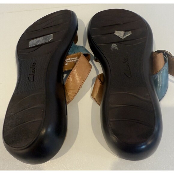 Clarks Bendables Slip On Two Tone Brown Blue Leather Slide Comfort Sandals 8 New - Picture 7 of 7